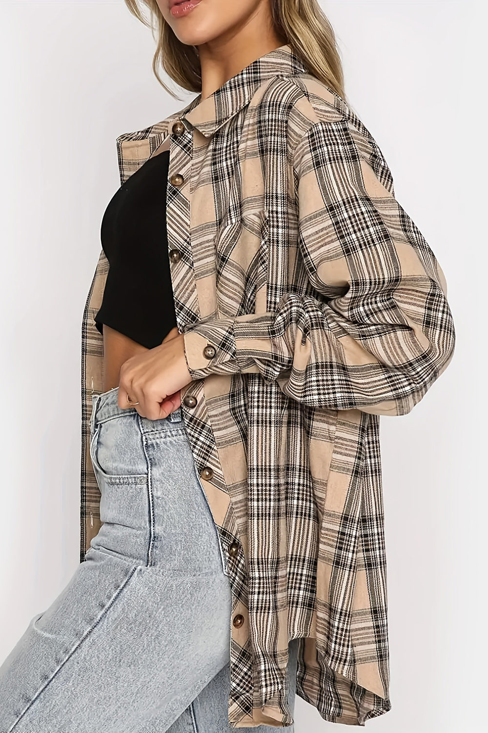 Plaid Collared Neck Long Sleeve Shirt