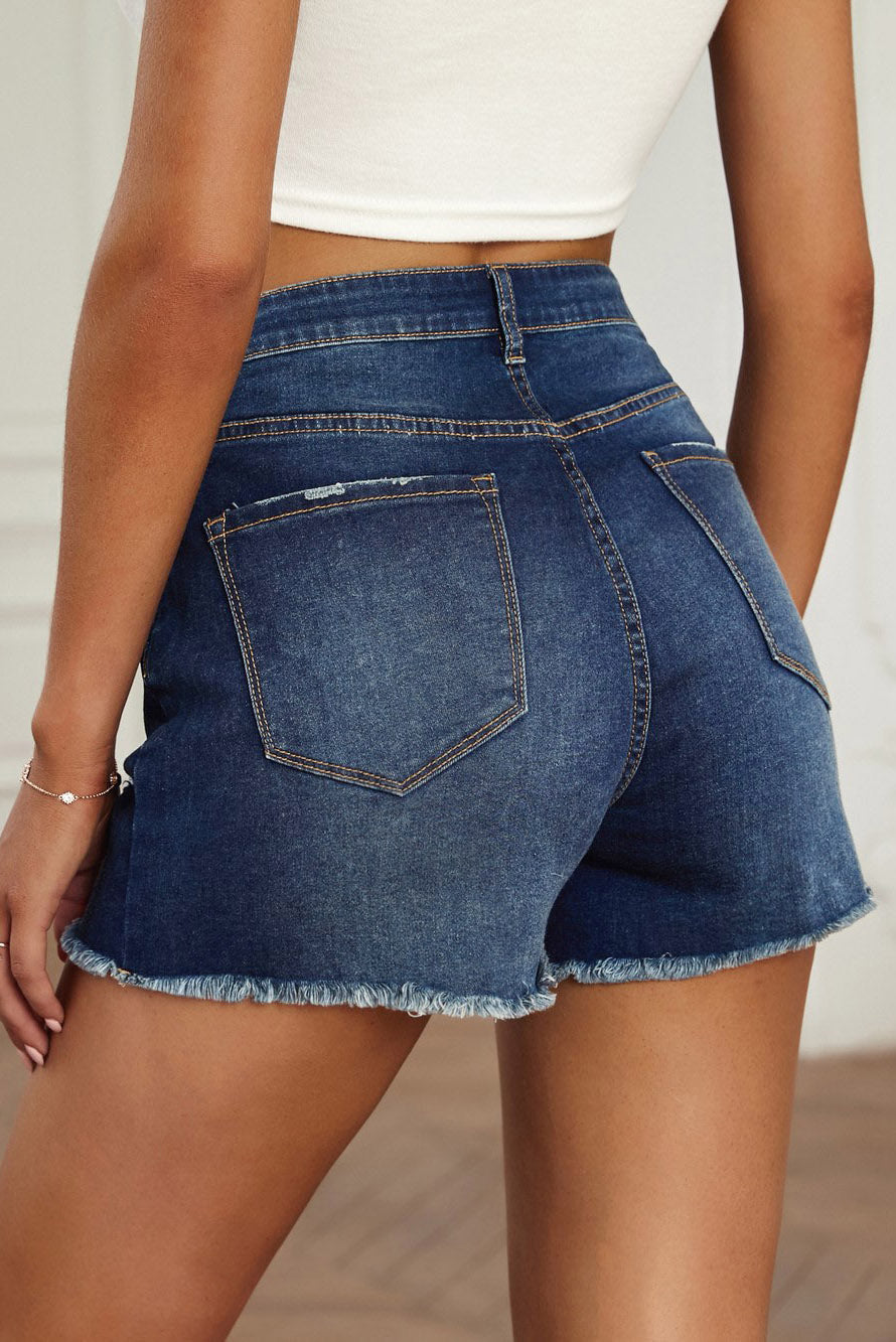 Women's Blue High Waist Frayed Denim Shorts