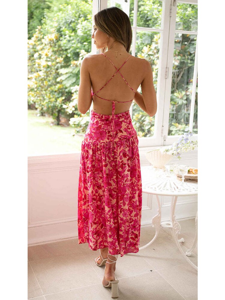 Backless Summer Beach Slit Floral Dress