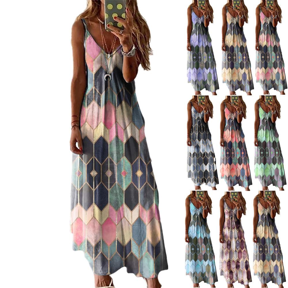 2021   Women Spring and  Summer Casual Printed Camisole Long Dress