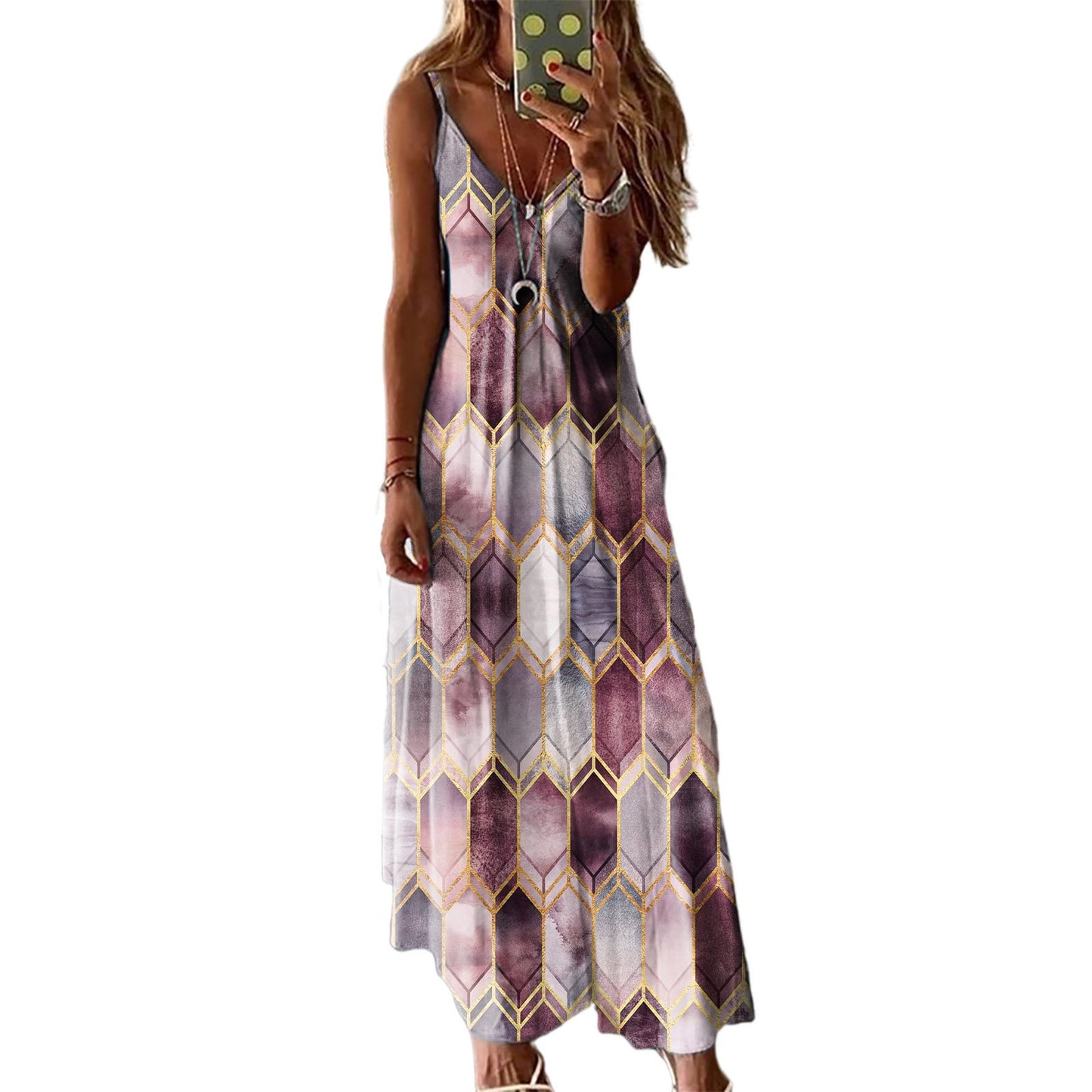 2021   Women Spring and  Summer Casual Printed Camisole Long Dress