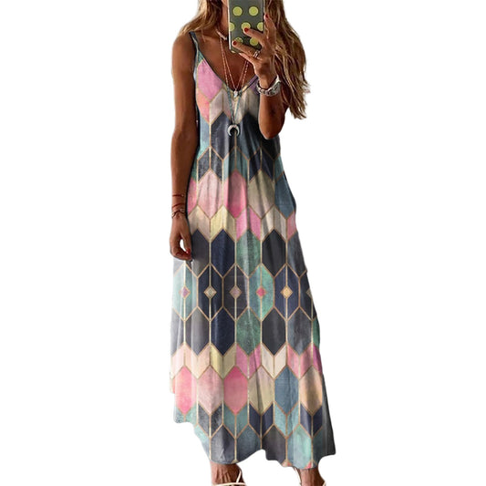 2021   Women Spring and  Summer Casual Printed Camisole Long Dress