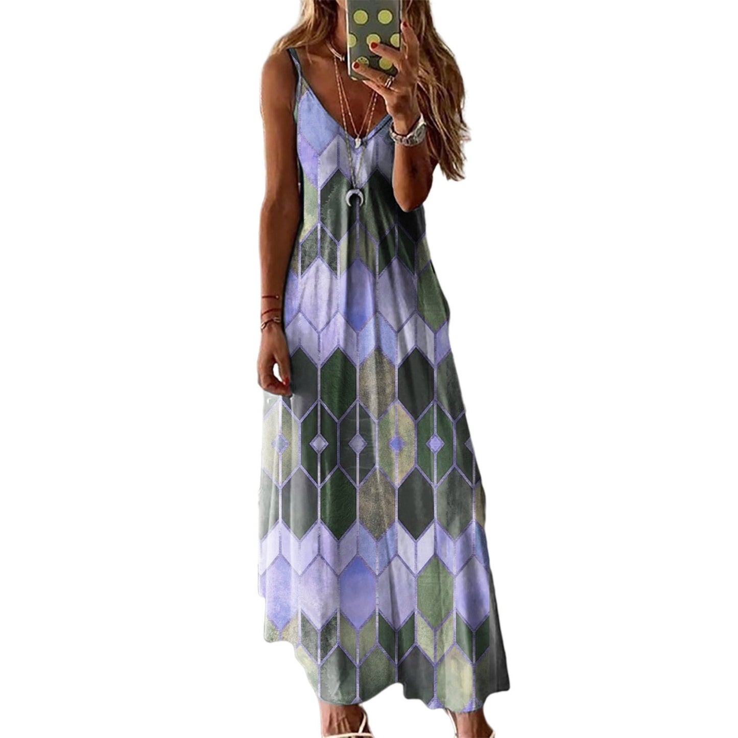 2021   Women Spring and  Summer Casual Printed Camisole Long Dress