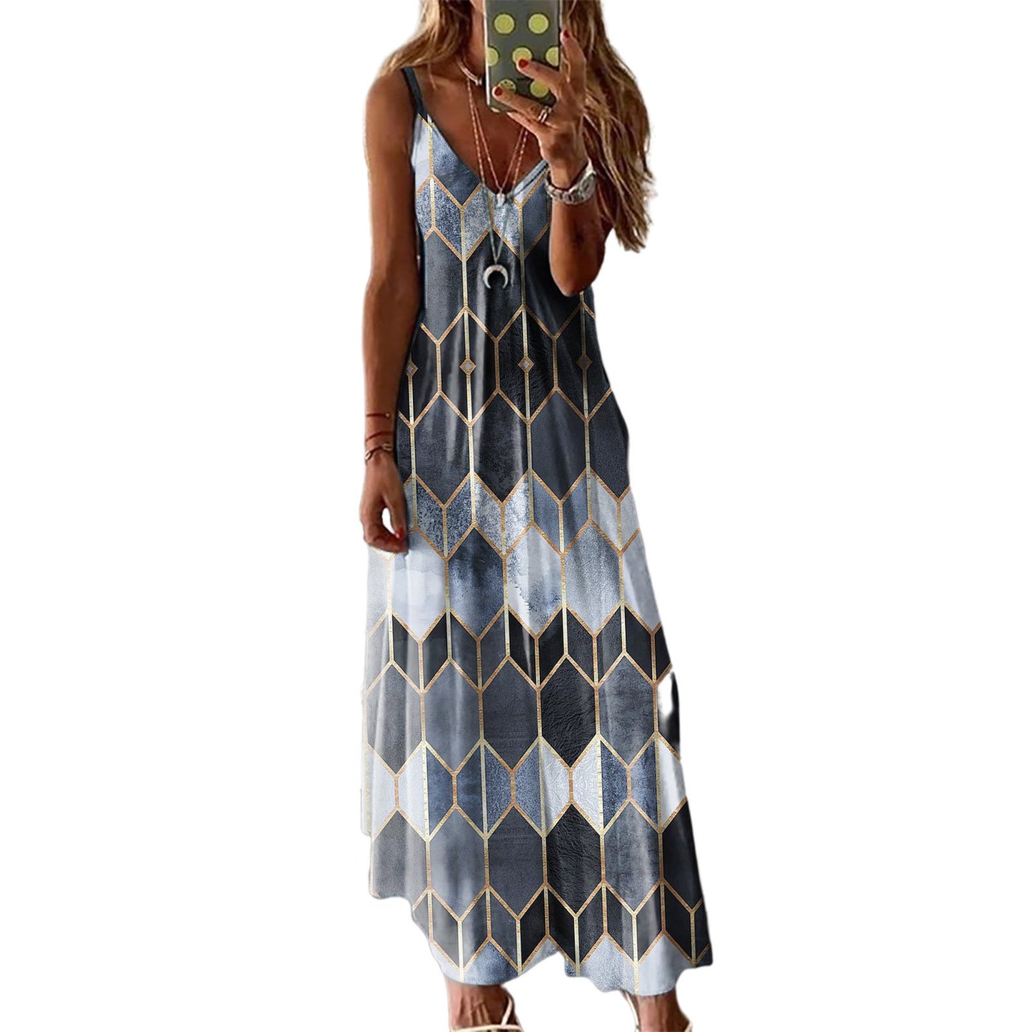 2021   Women Spring and  Summer Casual Printed Camisole Long Dress