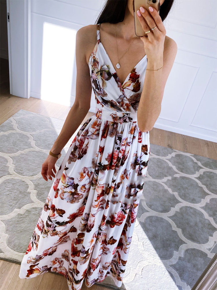 Deep V Neck Sling Floral Print Beach Dress