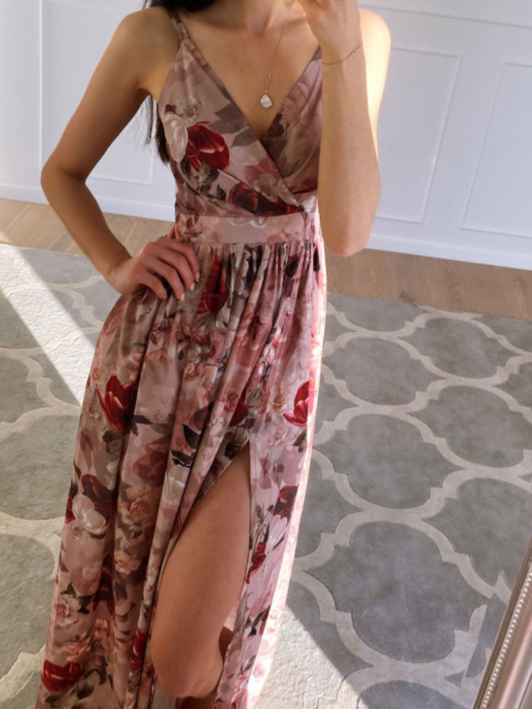 Deep V Neck Sling Floral Print Beach Dress